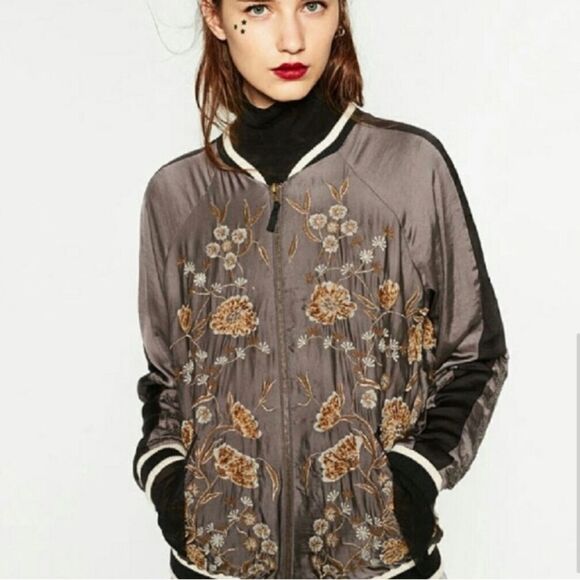 Zara Jackets & Blazers - Zara Special Edition Gray and Black Floral Embroidered Bomber Jacket Size Medium